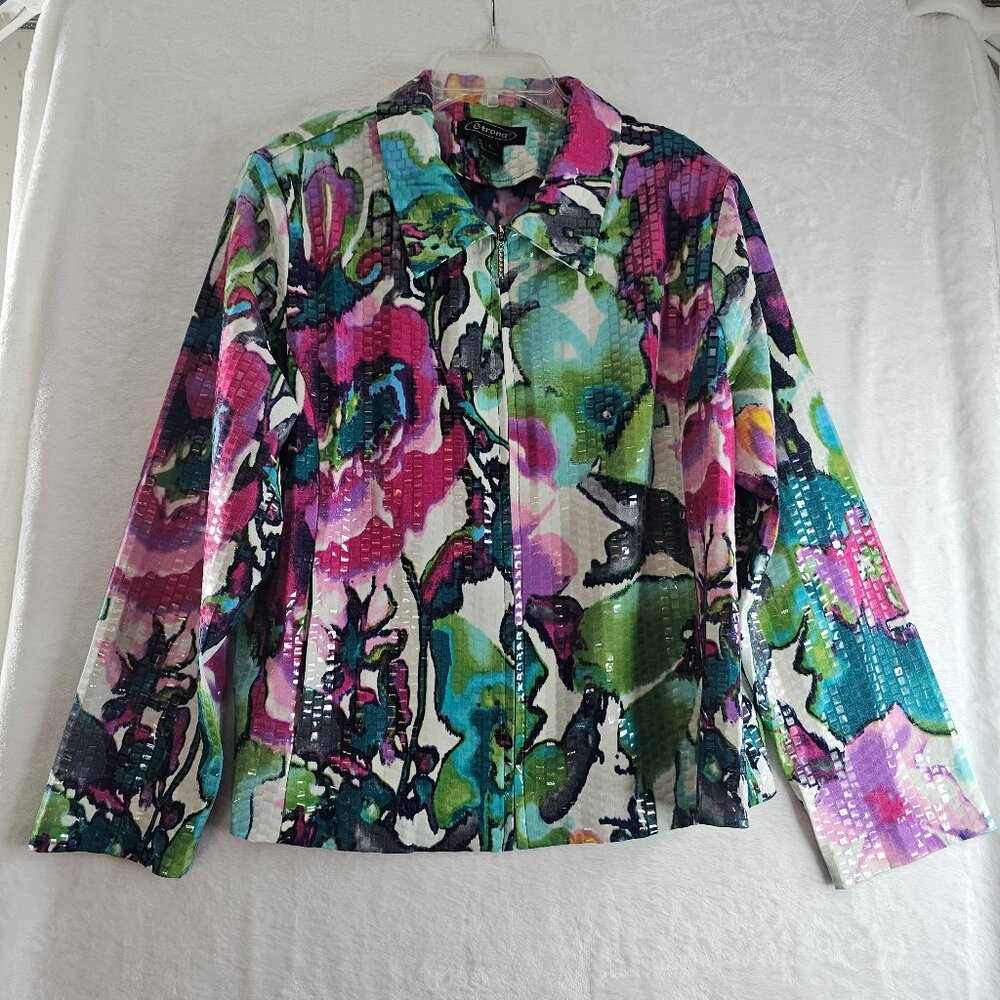 Strona Multicolor Abstract Women Jacket Zipped Up Size L Sparkly Boho Korea